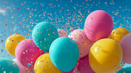 A lively display of multicolored balloons and shimmering confetti celebrates joy and festivity, set...