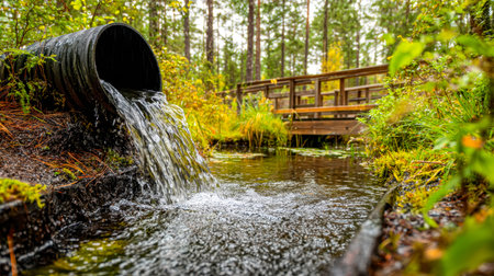 A tranquil woodland scene features a gentle water flow emerging from a pipe, with rustic wooden...