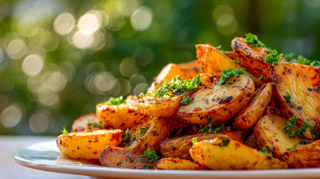 A tempting array of crunchy, golden-brown potato wedges sprinkled with fragrant herbs, elegantly...