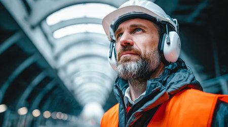 A focused professional surveys ongoing work within a bustling industrial setting, ensuring safety measures and project standards are met amid machinery and steel frameworks.のeditorial素材