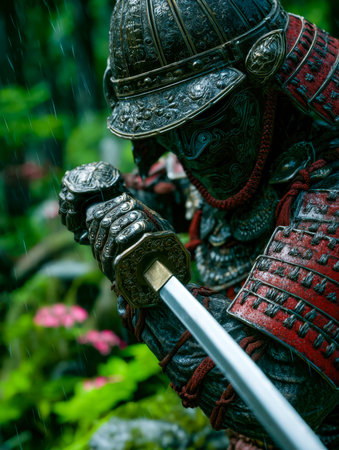 A noble fighter clad in intricate armor, gripping a finely crafted blade amidst vibrant greenery and...
