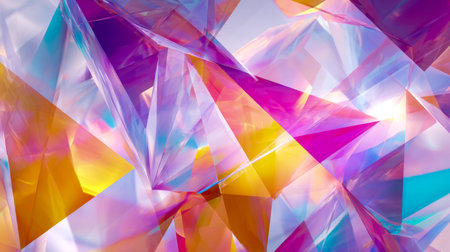 An energetic display of layered, translucent polygons in rich purple and orange hues, forming a...