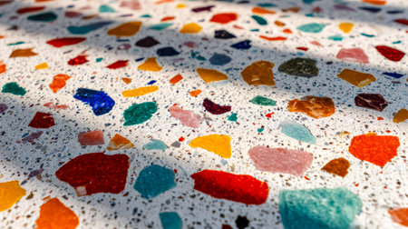 A vibrant mosaic of tiny stone fragments and bold pigment speckles creates a lively, textured...