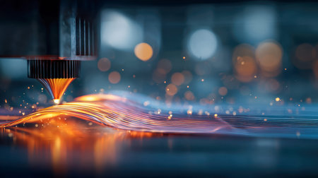A state-of-the-art laser device intricately carves radiant metal panels, emitting bright sparks amid...