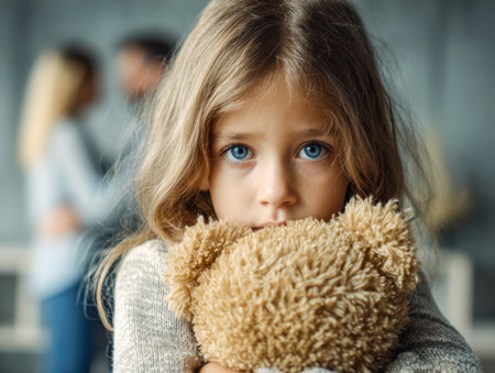 A gentle girl with striking blue eyes softly embraces a plush teddy bear, lost in a quiet moment of reflection and innocence.のeditorial素材