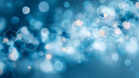 A sleek, high-tech scene featuring luminous blue hexagons and shimmering bokeh effects, evoking a...