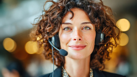 A cheerful woman with voluminous curls, wearing a headset, exudes professionalism and warmth amid a luminous office setting, ready to assist clients effectively.のeditorial素材