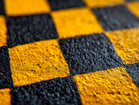 A vivid macro shot showing a bold checker pattern, with chipped paint revealing rugged asphalt...
