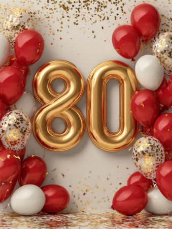 Elegant party setting featuring shimmering gold numeral balloons surrounded by vibrant red, white,...
