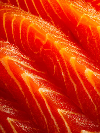 Colorful salmon slices showcasing rich marbling and a vivid orange hue, arranged invitingly to...