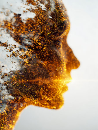 An ethereal portrait crafted from shimmering gold specks and wisps, evoking a sense of visionary thought and boundless creative energy in a captivating abstract form.の写真素材
