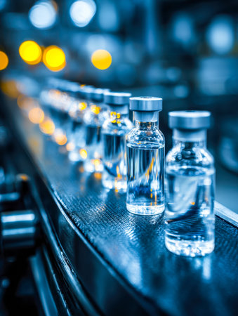 Precision-made glass containers with transparent liquid are aligned on a processing line, embodying...