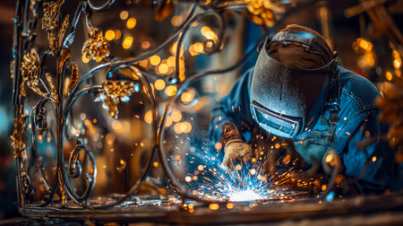 A master craftsman shapes intricate metal designs amid a shower of sparks, illuminated by soft amber...