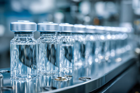 Precision-engineered glass containersested in a sleek line, reflecting light on a shiny surface...