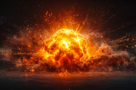 A dynamic burst of molten fury ignites the darkness, with blazing sparks and swirling smoke creating...