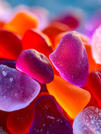 A vibrant collection of heart-shaped candies dusted with shining sugar crystals, creating a festive...