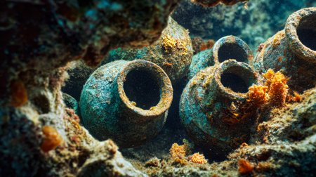 Enigmatic remnants of old pottery rest beneath the waves, encrusted with vibrant coral and thriving...