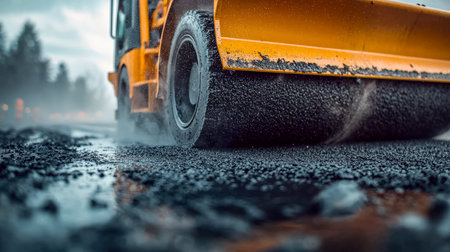 A heavy-duty paving machine spreads dark asphalt onto a city street, capturing the detailed...