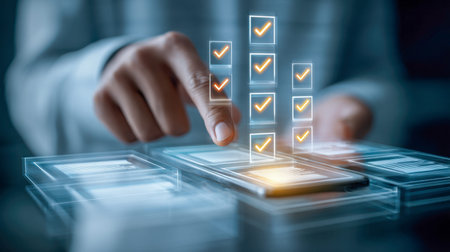 A focused individual navigates a sleek, translucent screen embedded with luminous checkmarks and...