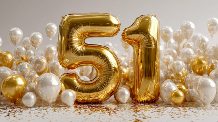 Elegant gold foil numeral balloons sparkle amid a shower of confetti, complemented by shimmering...