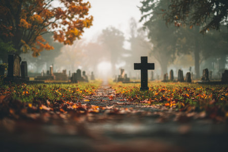 A tranquil fall scene reveals a quiet graveyard lane blanketed in amber and crimson foliage, with a lone dark monument amidst gentle fog and soft morning light.の写真素材