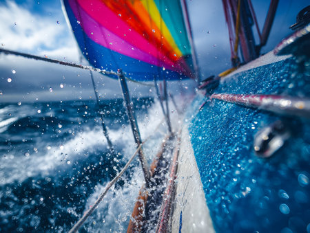 A lively vessel painted in striking rainbow hues navigates powerful ocean swells, embodying...