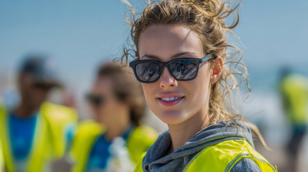 A cheerful woman with vibrant curls and stylish shades greets participants, dressed in a bright yellow vest, amid a lively outdoor event under clear, sunny skies.のeditorial素材