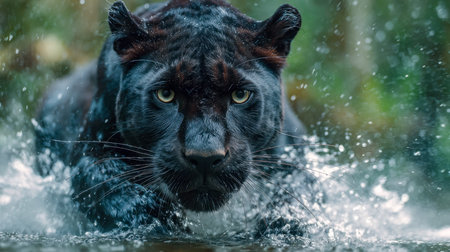 A sleek black predator moves stealthily through glistening waters, its piercing eyes fixed intently...