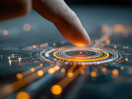 A fingertip hovers over a luminous, high-tech display featuring dynamic circular graphics, embodying...