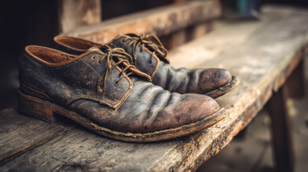 Timeworn leather footwear rests atop aged timber, capturing nostalgia and enduring craftsmanship in...
