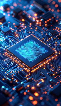 Intricate microchip nestled on a circuit board, illuminated by vibrant, glowing components creating...