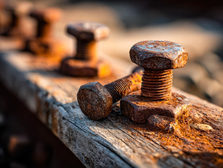 Aged metal fastenings scattered across a worn wooden plank evoke a rugged, vintage industrial charm...