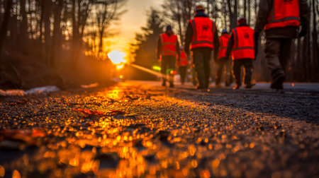 Rescue personnel traverse a quiet country lane as the sun dips below the horizon, their determined...