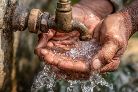 Gentle hands cradle clear liquid flowing from an aged, corroded tap, highlighting the vital need for...