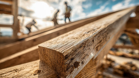 Weathered timbers stretch across a busy outdoor site as silhouettes of workers craft a skeletal structure beneath a vibrant, sunlit sky.の写真素材