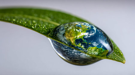 A close-up of a dew-kissed leaf showcasing a miniature reflection of the planet, evoking themes of...