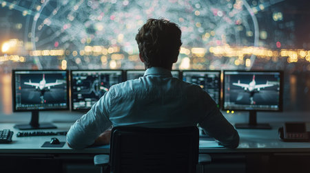 A focused air traffic operator monitors digital screens amid a nighttime cityscape, showcasing...