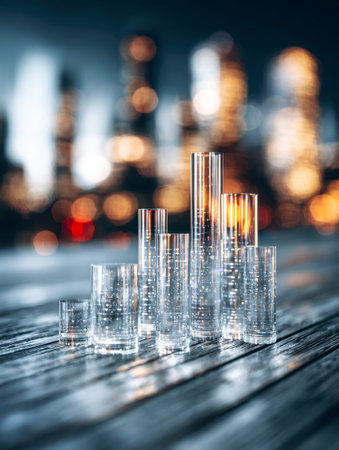 Elegant glass cylinders shimmer on a wooden table, their surfaces capturing luminous city...