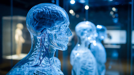 A clear, intricate portrayal of a human cranium with exposed brain and neural pathways, set in a...