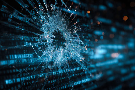Fractured high-tech display emitting an azure glow, with cascading binary digits and streaming data...