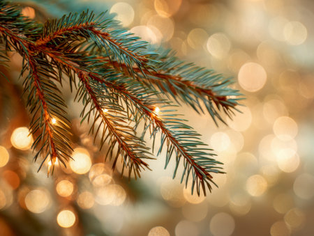 Lush pine boughs shimmer with gentle lights, set against a soft-focus glow that evokes warmth and...