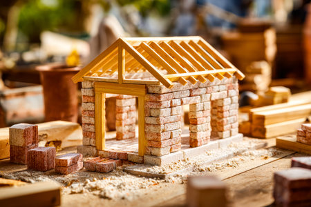 A small-scale brick building in progress, featuring a timber skeleton for the roof, capturing the...
