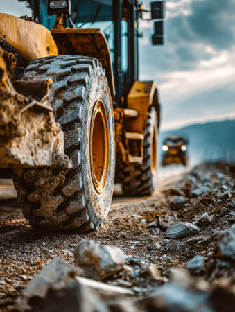 Powerful tractors forge through uneven terrain amid towering peaks, showcasing rugged machinery...