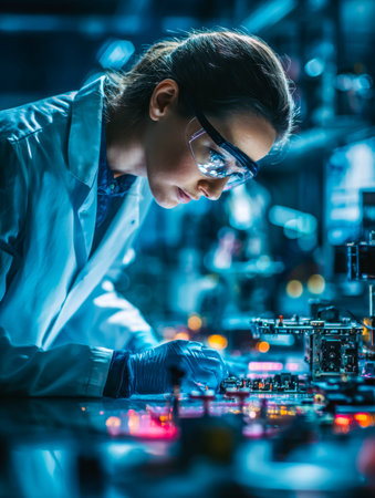 A focused female researcher examines a sophisticated digital instrument amid sleek lab equipment,...