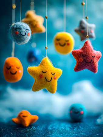 Cheerful, soft-hued celestial figures with embroidered smiles sway gently against a whimsical,...