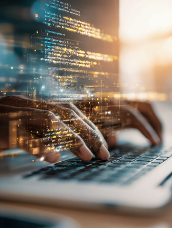 Focused hands work swiftly over a laptop keyboard, with luminous lines of code cast in vibrant glow,...