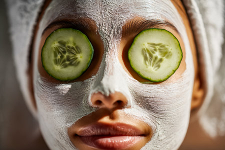 A serene woman reclines with cucumber slices over her eyes and a soothing facial mask, radiating calm and rejuvenation during her luxurious self-care session.のeditorial素材