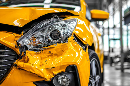 A bright yellow vehicle exhibits severe front-end deformations, crumpled metal, and shattered...