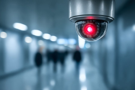 A close-up of a modern security camera capturing activity in an open urban area, emphasizing safety...