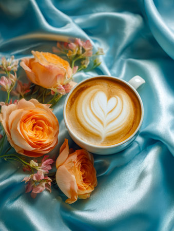 A delicate coffee pour featuring intricate foam patterns, complemented by vibrant roses and...